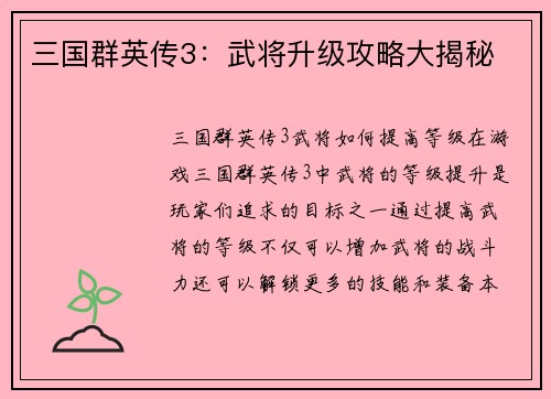 三国群英传3：武将升级攻略大揭秘